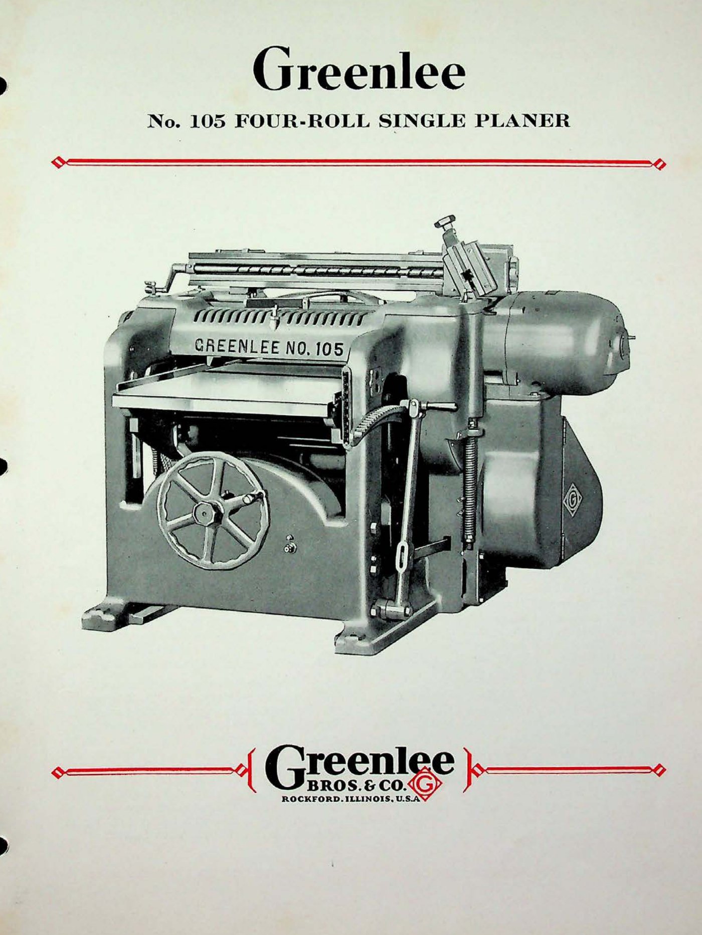 1930s Greenlee catalog bulletin cover for the No. 105 Four-Roll Single Planer