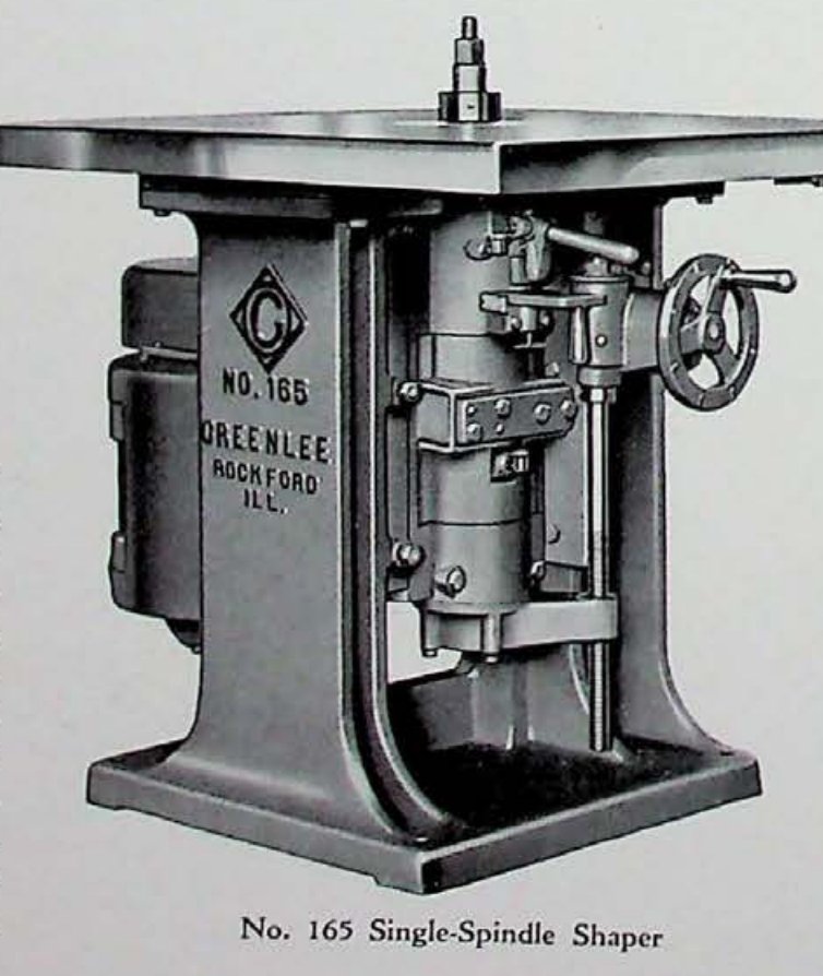 The No. 165 Single-Spindle Shaper as illustrated in the Greenlee belted-shaper bulletin