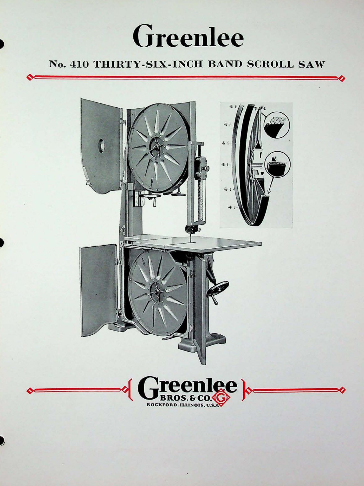 Bulletin cover: No. 410 Thirty-Six-Inch Band Scroll Saw, wheel guards open