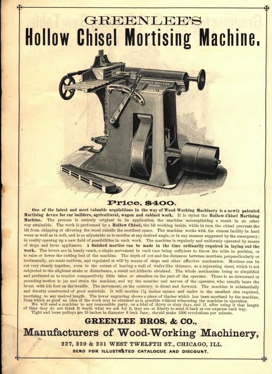 Early Greenlee horizontal hollow-chisel mortiser, Chicago broadside (c. 1882)