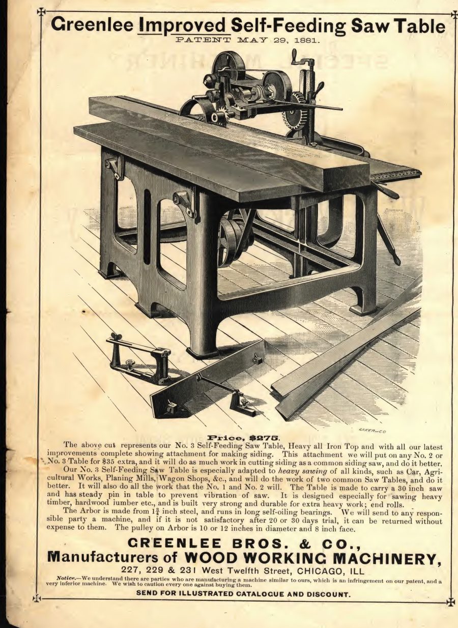 Self-Feeding Saw Table - patent May 1881 (c. 1882)