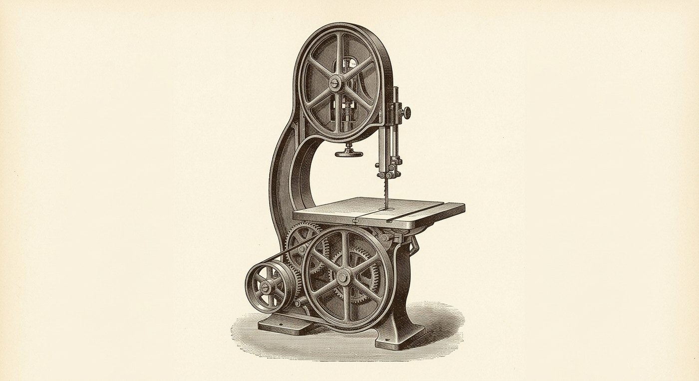 Engraving-style catalog illustration of an early 1900s band saw