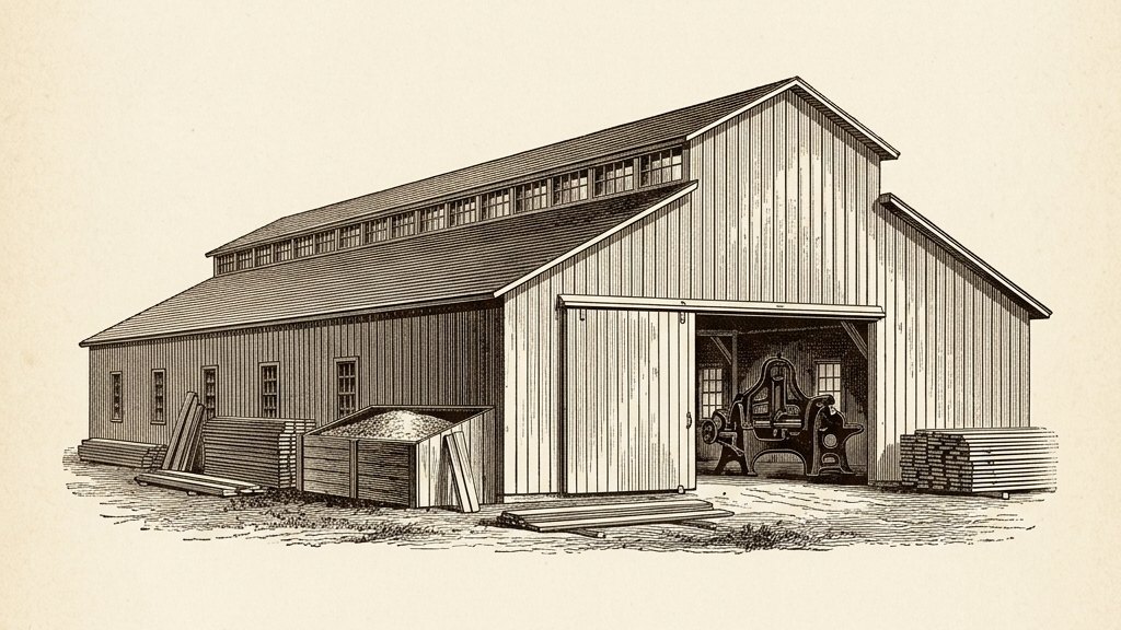 Engraving-style illustration of the timber frame Planing Mill