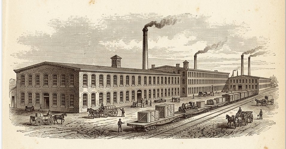 Engraving-style illustration of the Greenlee Bros. & Co. factory works — brick mill buildings, smokestacks, and a rail siding loaded with crated machinery.