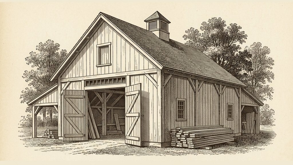 Engraving-style illustration of the timber frame Workshop
