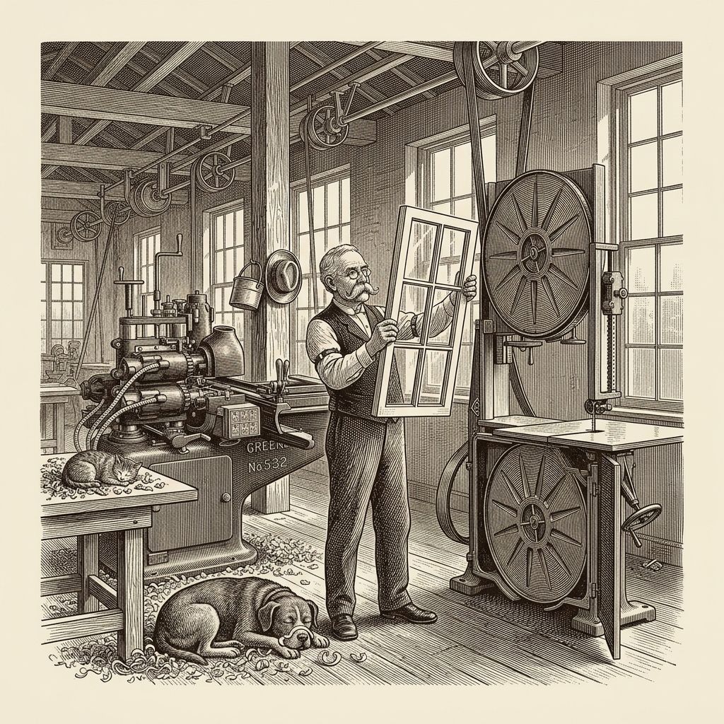 Engraving-style illustration of closing time in a 1905 window factory: a mustached foreman holds a finished window sash up to the evening light beside a Greenlee band saw, while the shop dog sleeps in a drift of shavings and a cat naps on the tenoner