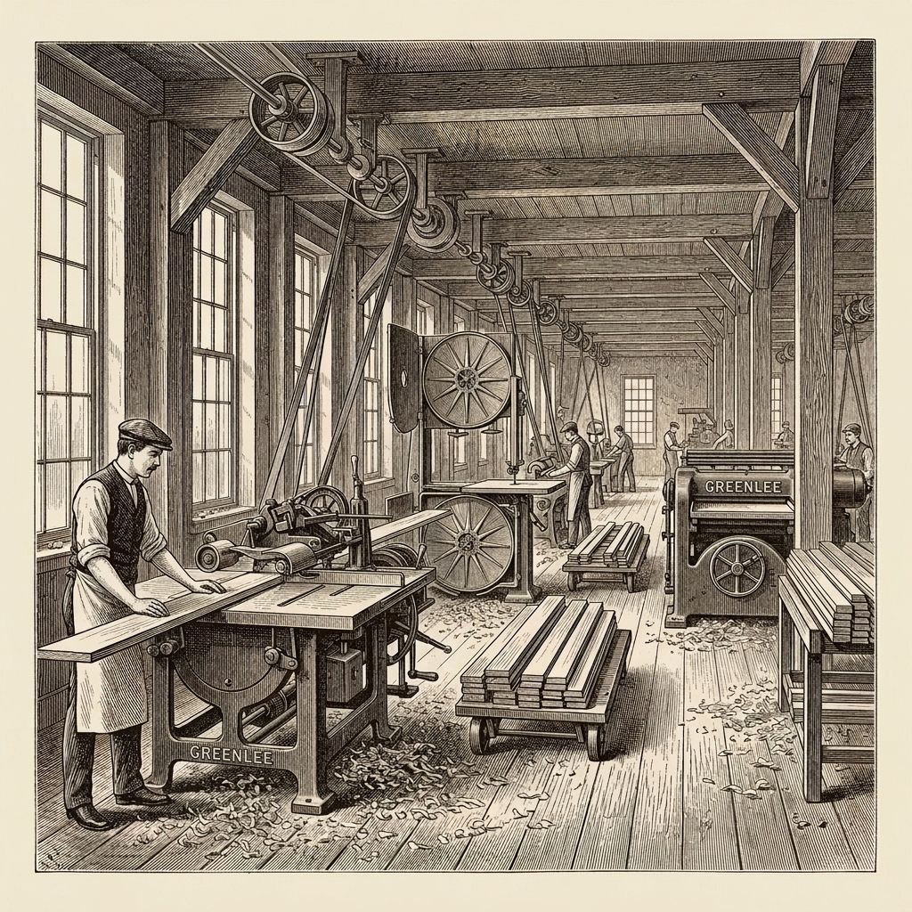 Engraving-style illustration of a 1905 sash-and-door factory machine floor: a worker feeds a board through a Greenlee self-feed rip saw, with a band saw and planer down the row, all driven by overhead line shafting