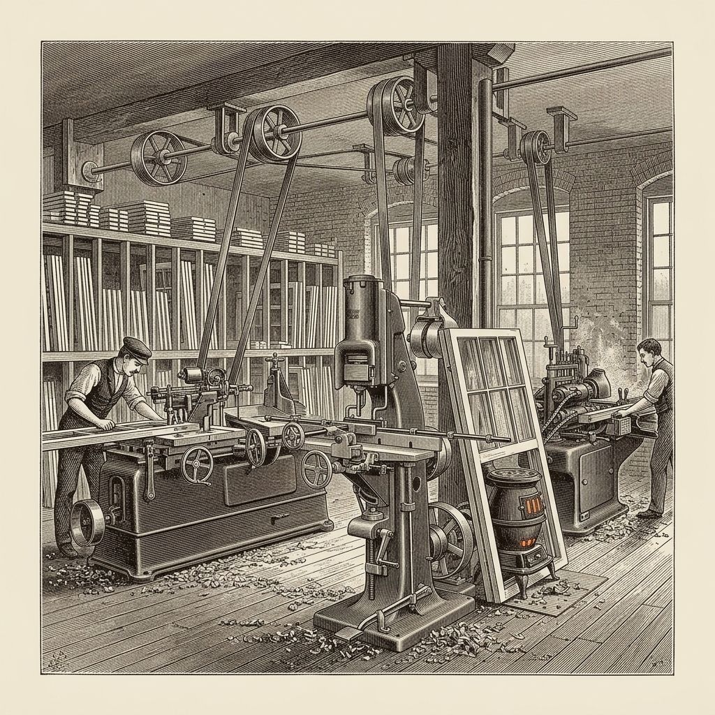 Engraving-style illustration of the joinery room in a 1905 window factory: workers at a horizontal mortiser, an upright hollow-chisel mortiser, and a single-end tenoner, with a finished window sash leaning against a post